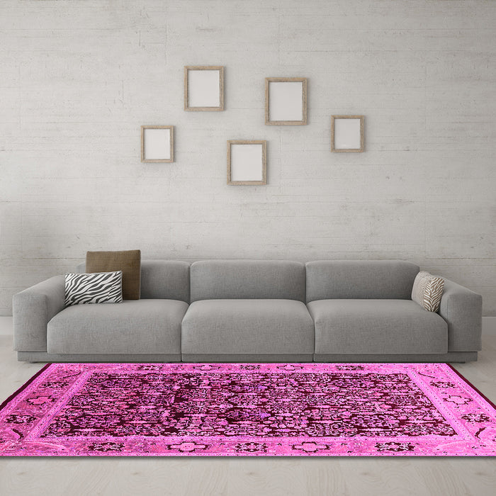 Machine Washable Oriental Pink Industrial Rug in a Living Room, wshurb652pnk