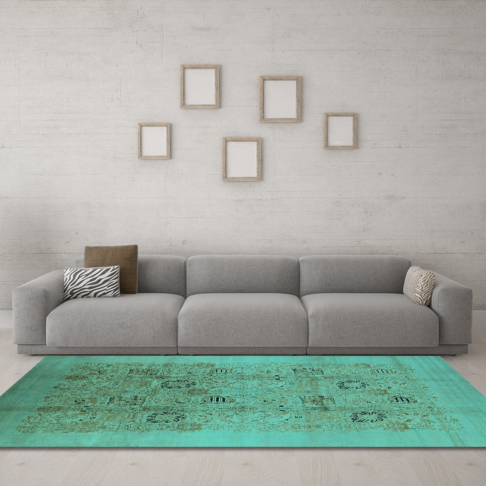 Machine Washable Oriental Turquoise Industrial Area Rugs in a Living Room,, wshurb655turq