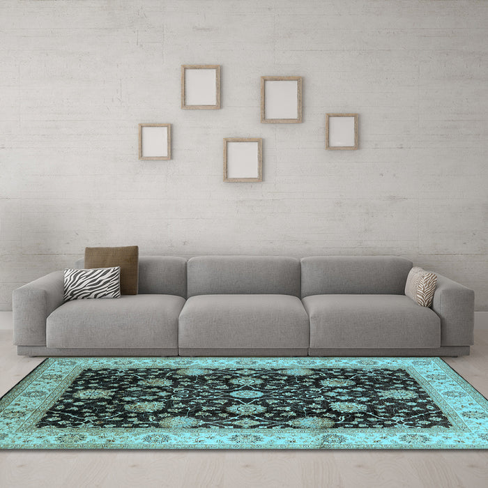 Machine Washable Oriental Light Blue Industrial Rug in a Living Room, wshurb657lblu