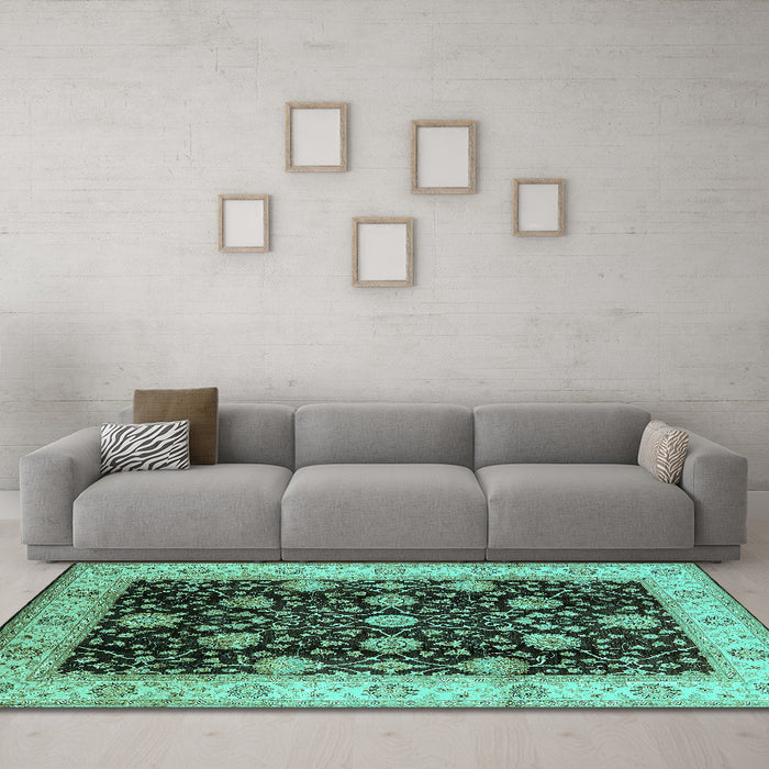 Machine Washable Oriental Turquoise Industrial Area Rugs in a Living Room,, wshurb657turq