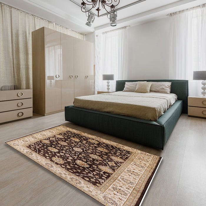 Mid-Century Modern Red Brown Oriental Rug in a Bedroom, urb657
