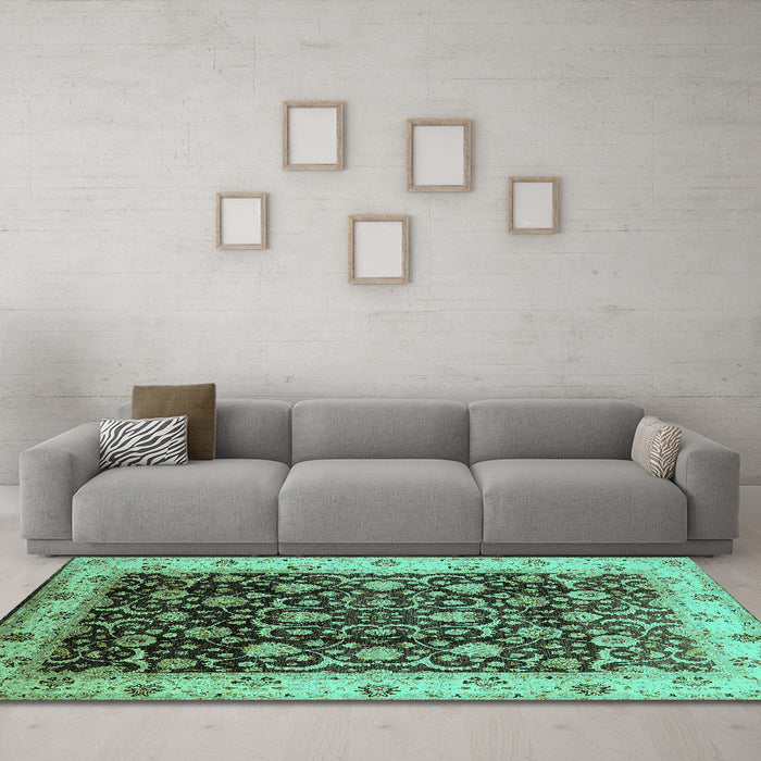 Machine Washable Oriental Turquoise Industrial Area Rugs in a Living Room,, wshurb659turq