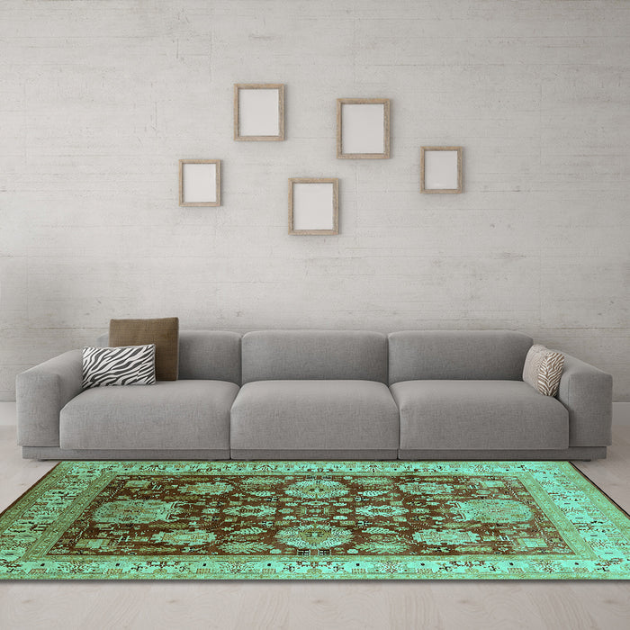 Machine Washable Oriental Turquoise Industrial Area Rugs in a Living Room,, wshurb660turq