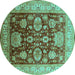 Round Machine Washable Oriental Turquoise Industrial Area Rugs, wshurb660turq