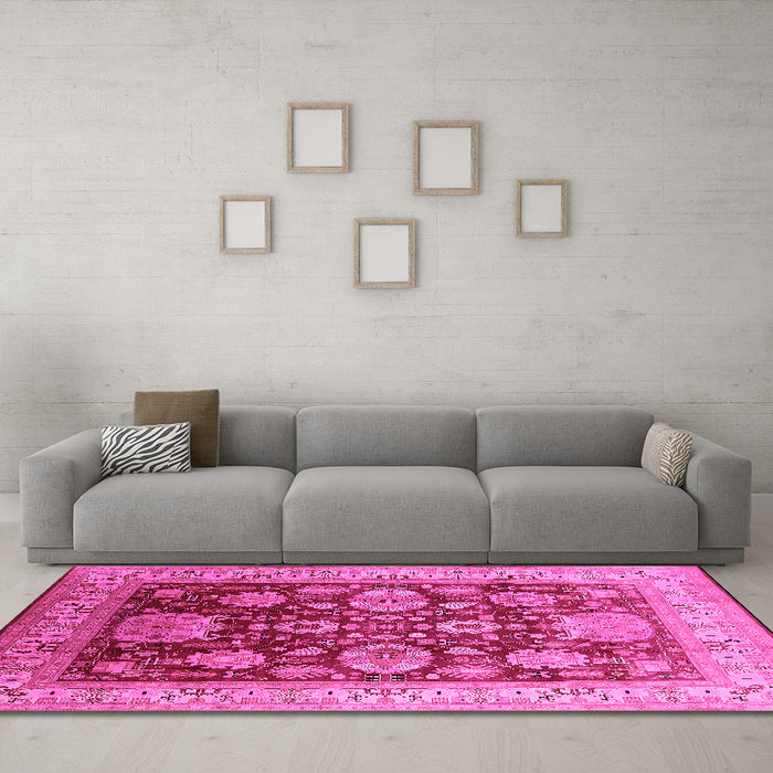 Machine Washable Oriental Pink Industrial Rug in a Living Room, wshurb660pnk