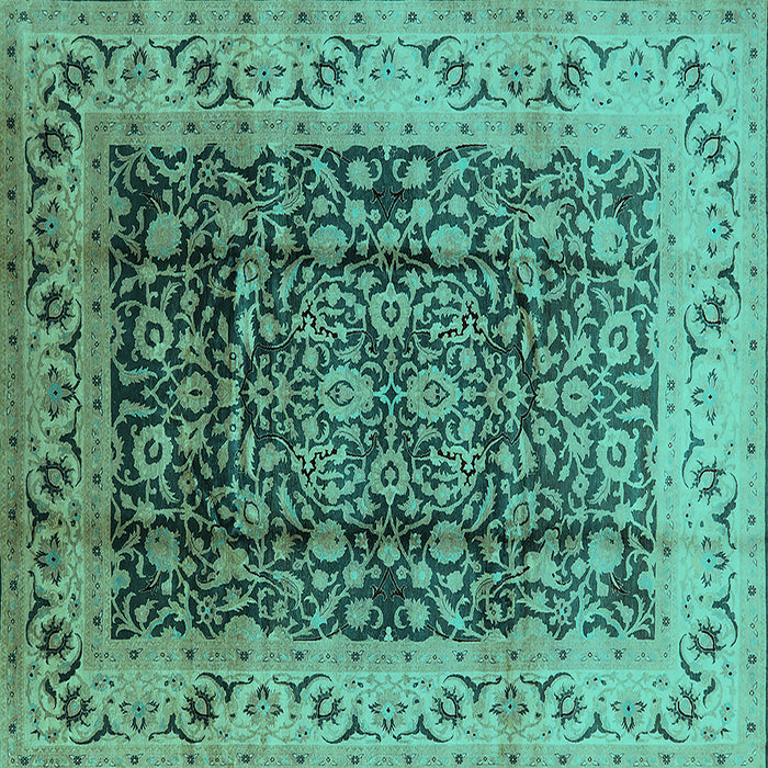 Square Machine Washable Oriental Turquoise Industrial Area Rugs, wshurb661turq