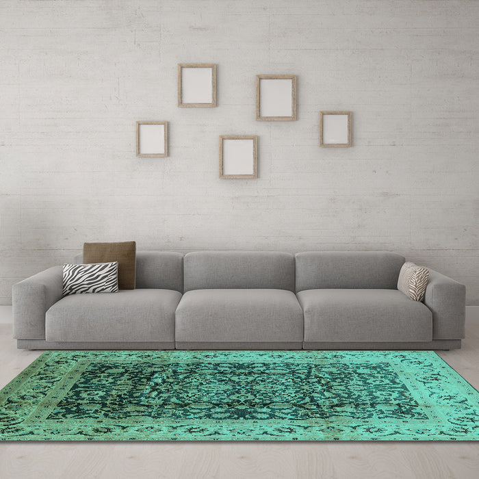 Machine Washable Oriental Turquoise Industrial Area Rugs in a Living Room,, wshurb661turq