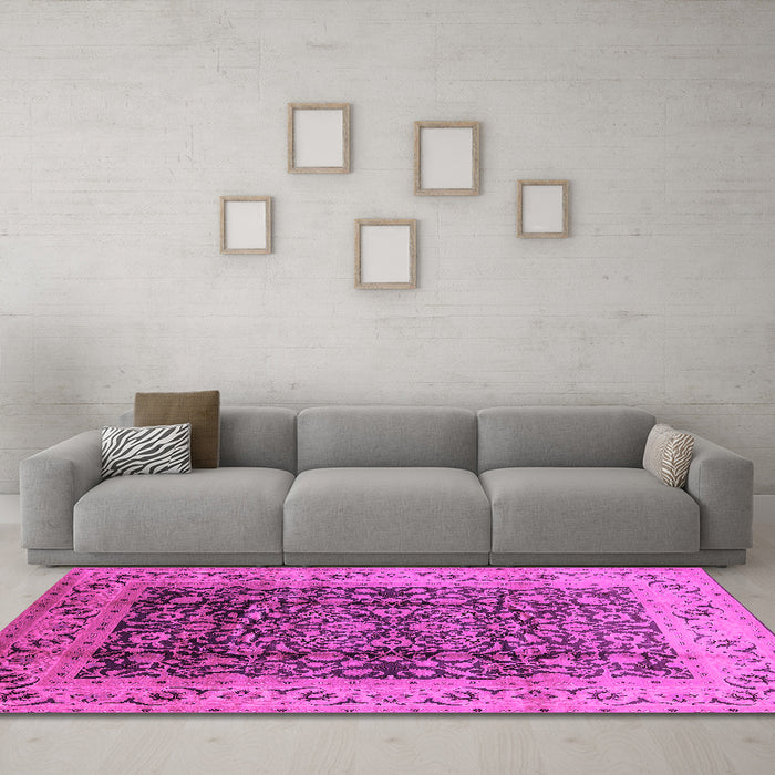 Machine Washable Oriental Pink Industrial Rug in a Living Room, wshurb661pnk