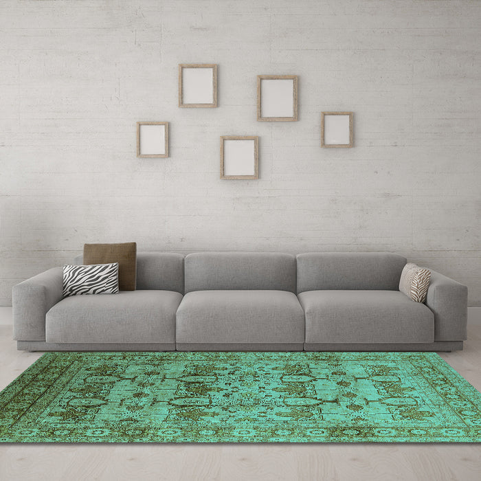 Machine Washable Oriental Turquoise Industrial Area Rugs in a Living Room,, wshurb662turq