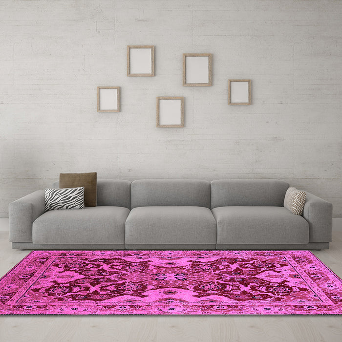 Machine Washable Oriental Pink Industrial Rug in a Living Room, wshurb665pnk