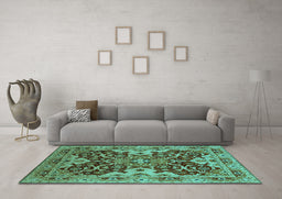 Machine Washable Oriental Turquoise Industrial Area Rugs in a Living Room,, wshurb665turq