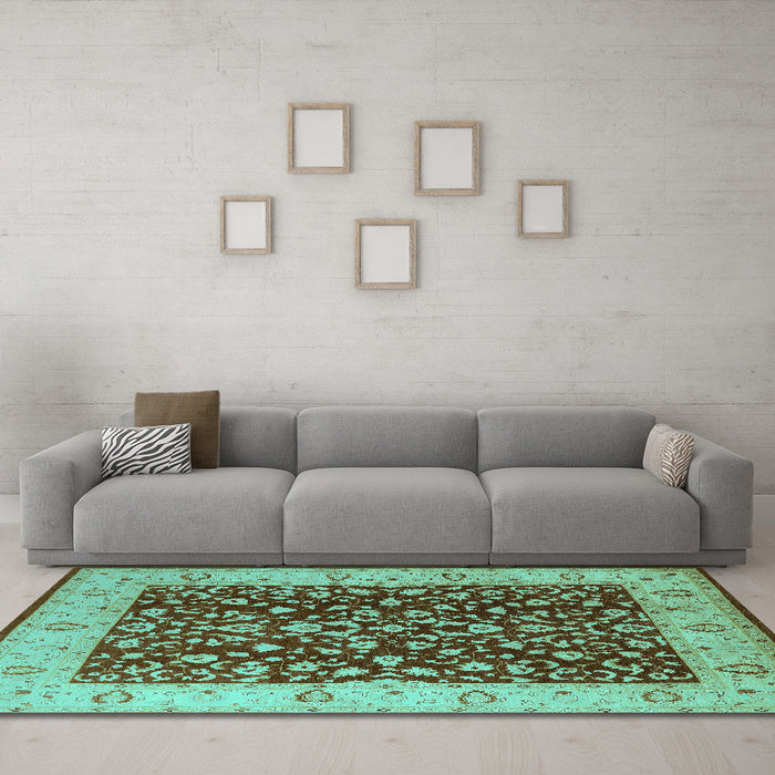 Machine Washable Oriental Turquoise Industrial Area Rugs in a Living Room,, wshurb667turq