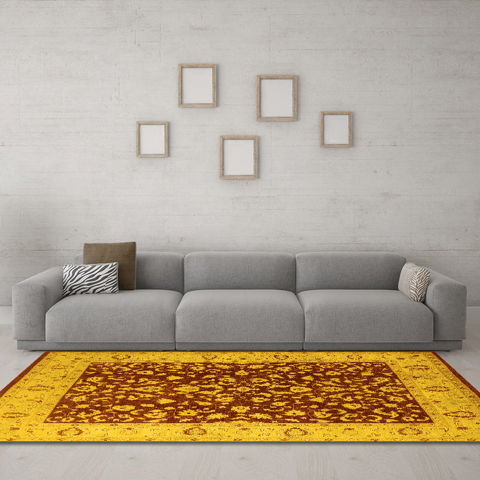 Machine Washable Oriental Yellow Industrial Rug in a Living Room, wshurb667yw