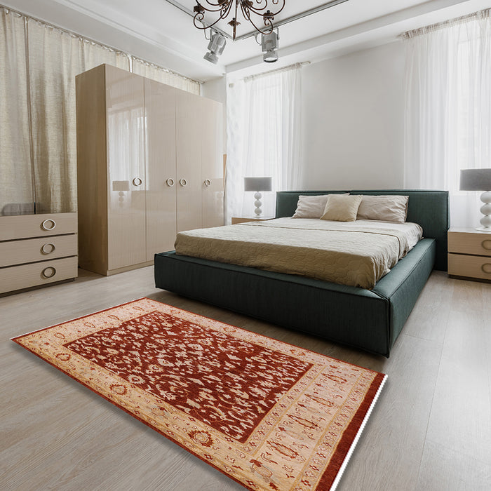 Mid-Century Modern Sandy Brown Oriental Rug in a Bedroom, urb667