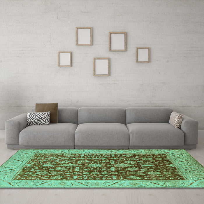 Machine Washable Oriental Turquoise Industrial Area Rugs in a Living Room,, wshurb668turq
