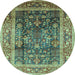 Round Machine Washable Oriental Light Blue Industrial Rug, wshurb669lblu