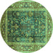 Round Machine Washable Oriental Turquoise Industrial Area Rugs, wshurb669turq