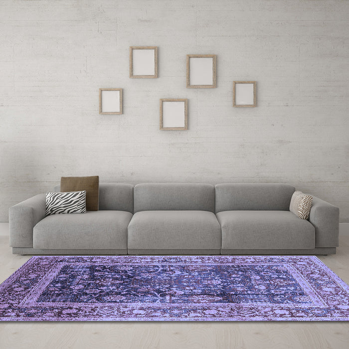 Machine Washable Oriental Blue Industrial Rug in a Living Room, wshurb669blu