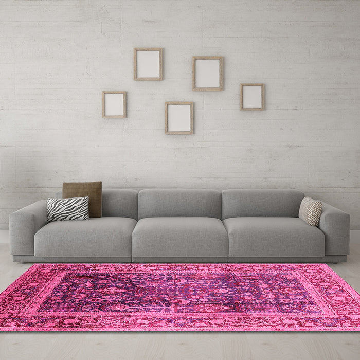 Machine Washable Oriental Pink Industrial Rug in a Living Room, wshurb669pnk