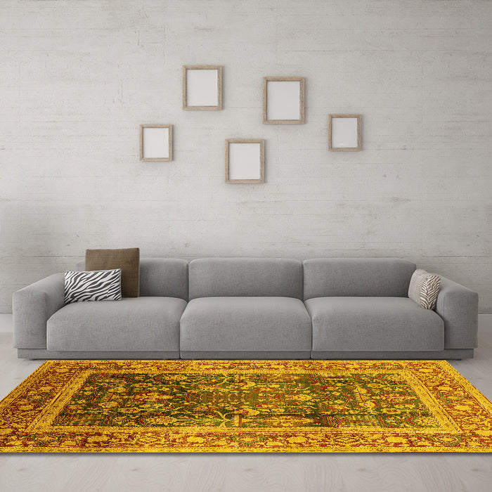 Machine Washable Oriental Yellow Industrial Rug in a Living Room, wshurb669yw