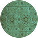 Round Machine Washable Oriental Turquoise Industrial Area Rugs, wshurb671turq