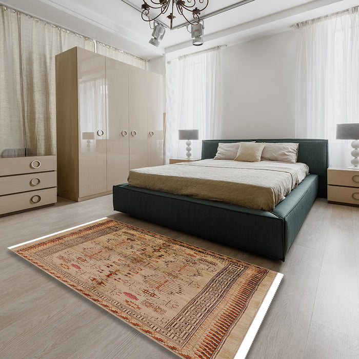 Mid-Century Modern Mahogany Brown Oriental Rug in a Bedroom, urb673