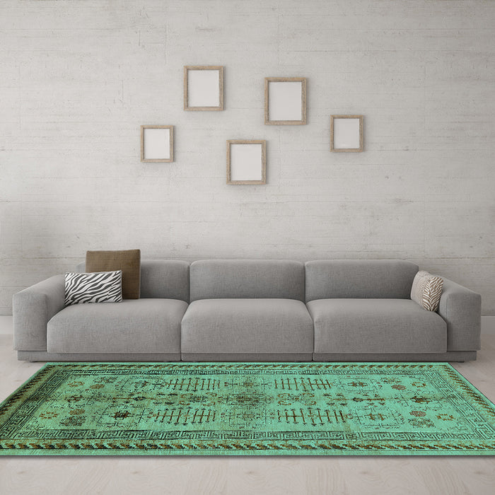 Machine Washable Oriental Turquoise Industrial Area Rugs in a Living Room,, wshurb673turq
