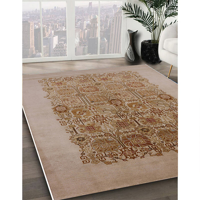 Mid-Century Modern Light Brown Oriental Rug in Family Room, urb674