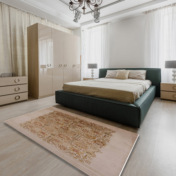 Mid-Century Modern Light Brown Oriental Rug in a Bedroom, urb674