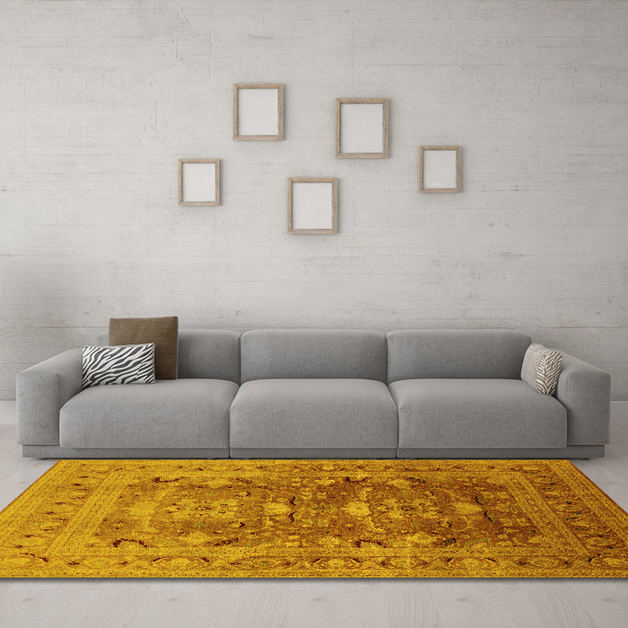 Machine Washable Oriental Yellow Traditional Rug in a Living Room, wshurb675yw