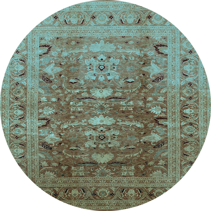Round Machine Washable Oriental Light Blue Traditional Rug, wshurb675lblu