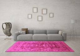Machine Washable Oriental Pink Traditional Rug in a Living Room, wshurb675pnk
