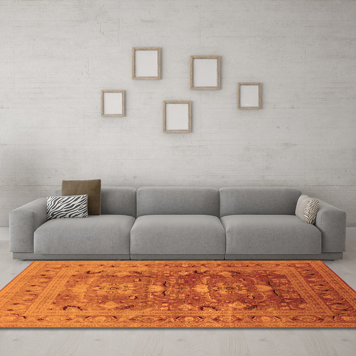 Machine Washable Oriental Orange Traditional Area Rugs in a Living Room, wshurb675org