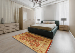 Mid-Century Modern Mahogany Brown Oriental Rug in a Bedroom, urb676