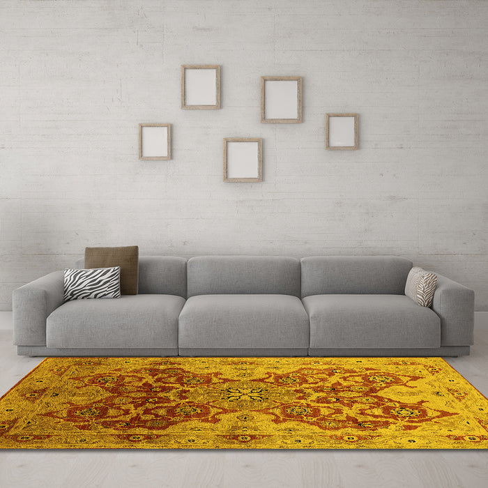 Machine Washable Oriental Yellow Traditional Rug in a Living Room, wshurb676yw