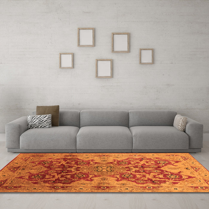 Machine Washable Oriental Orange Traditional Area Rugs in a Living Room, wshurb676org