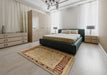 Mid-Century Modern Metallic Gold Gold Oriental Rug in a Bedroom, urb677