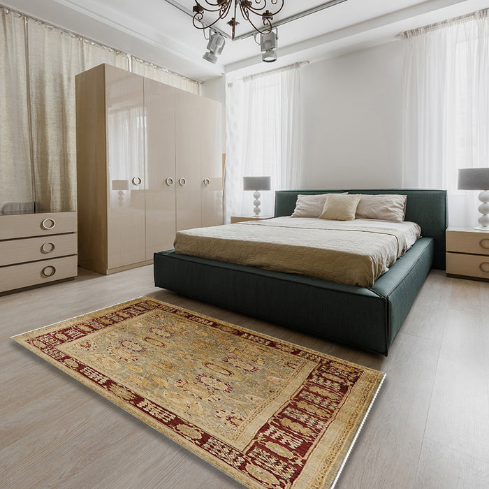 Mid-Century Modern Metallic Gold Gold Oriental Rug in a Bedroom, urb677