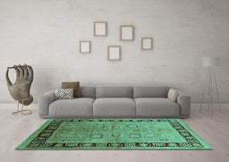 Machine Washable Oriental Turquoise Traditional Area Rugs in a Living Room,, wshurb677turq