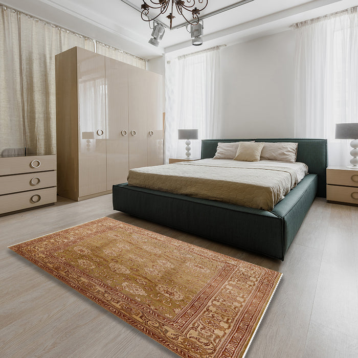 Mid-Century Modern Mahogany Brown Oriental Rug in a Bedroom, urb678