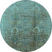 Round Machine Washable Oriental Light Blue Traditional Rug, wshurb679lblu