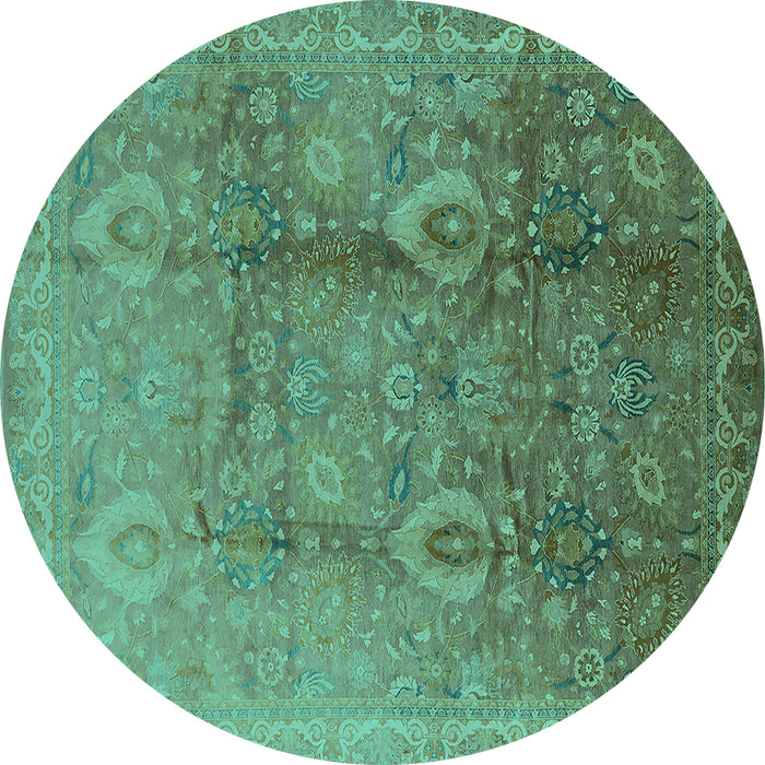 Round Machine Washable Oriental Turquoise Traditional Area Rugs, wshurb679turq