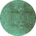 Round Machine Washable Oriental Turquoise Traditional Area Rugs, wshurb679turq