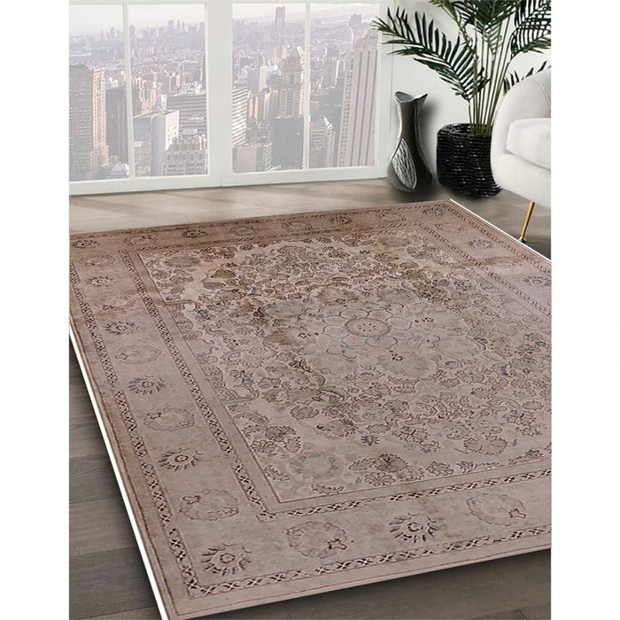 Mid-Century Modern Dark Almond Brown Oriental Rug in Family Room, urb680