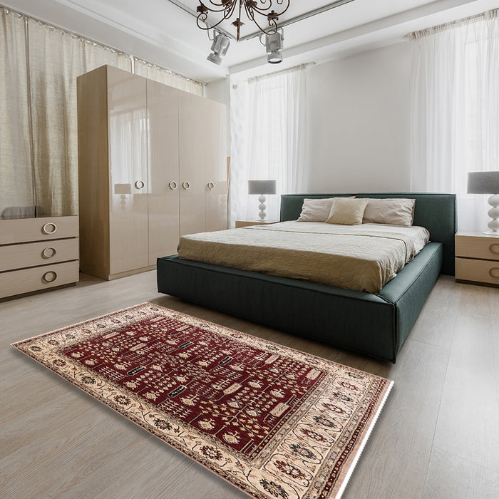 Mid-Century Modern Brown Oriental Rug in a Bedroom, urb681