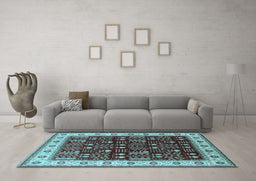 Machine Washable Oriental Light Blue Industrial Rug in a Living Room, wshurb681lblu