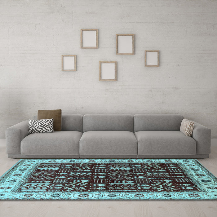Machine Washable Oriental Light Blue Industrial Rug in a Living Room, wshurb681lblu