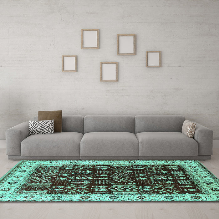 Machine Washable Oriental Turquoise Industrial Area Rugs in a Living Room,, wshurb681turq
