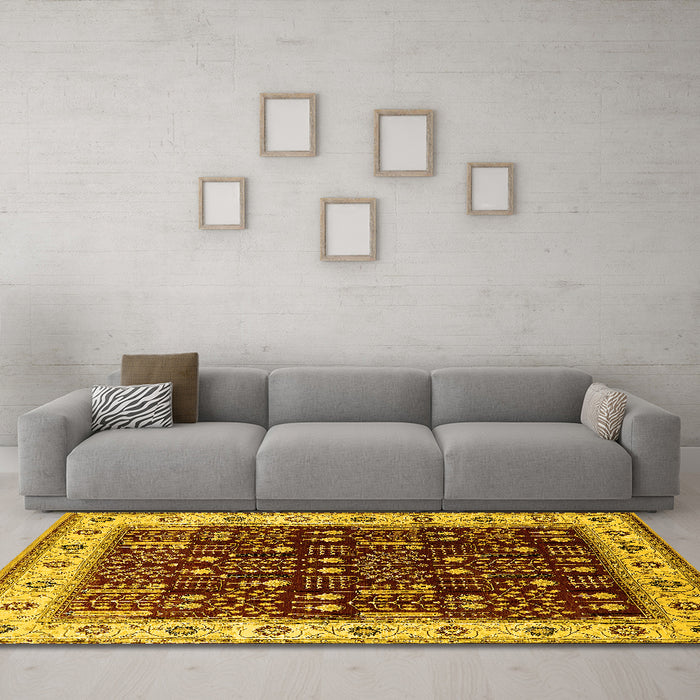 Machine Washable Oriental Yellow Industrial Rug in a Living Room, wshurb681yw