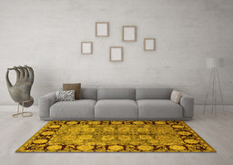 Machine Washable Oriental Yellow Traditional Rug in a Living Room, wshurb683yw